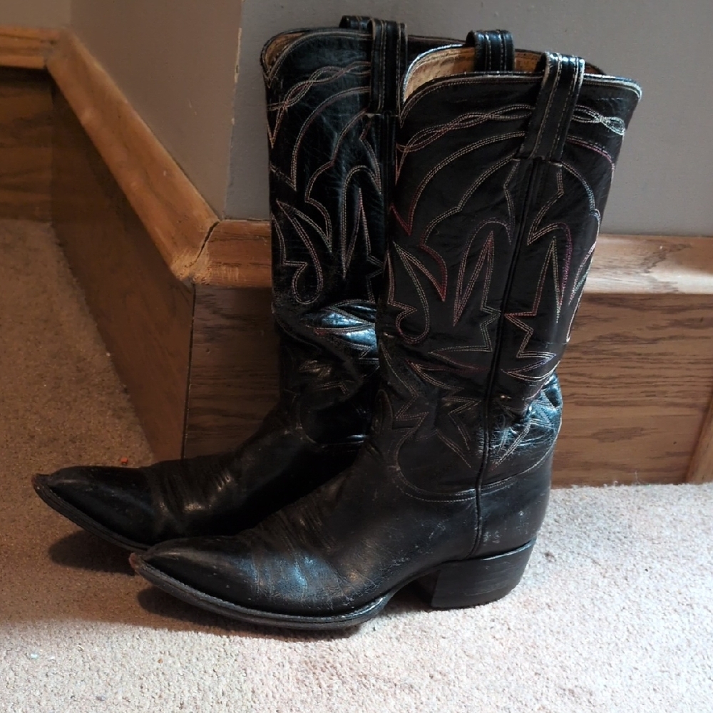 Tony Lama Black Vintage Leather Western Boots Rainbow Stitch Sz 8?